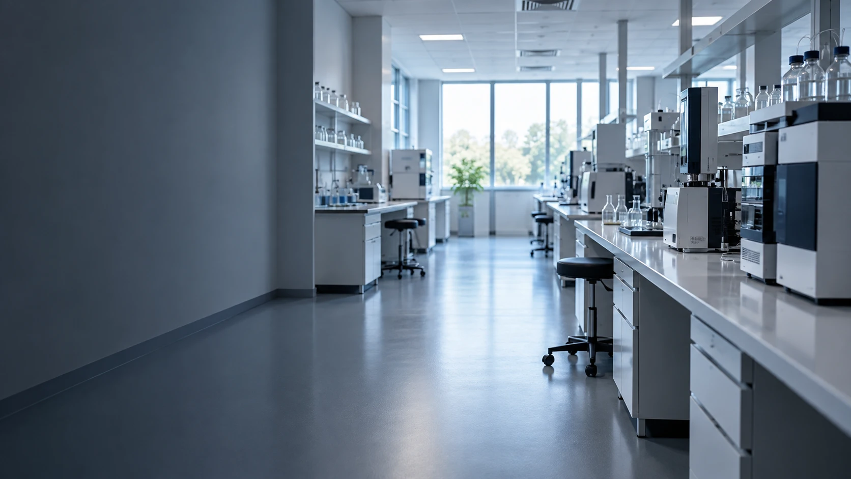Analytical instruments and benches along a laboratory aisle